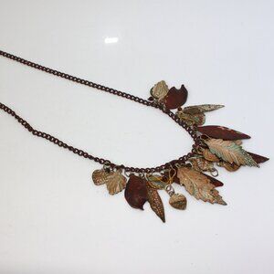 Vintage 24 in Brown Chain Necklace With Dangle Drop Painted Brass Leaf Charms